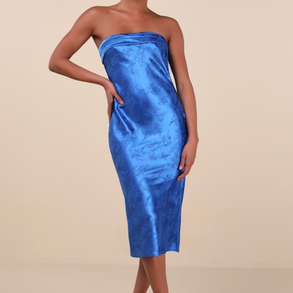 Lulus Impressive Favorite Blue Jacquard Strapless Midi Dress - Size L